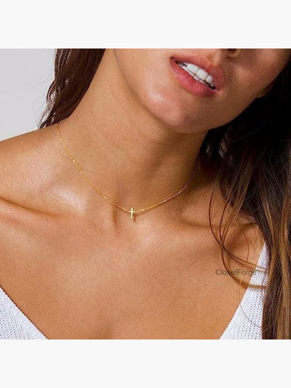 Dainty 14k Gold Plated Cross Pendant Necklace Minimalist Faith Jewelry - Picture 2 of 7